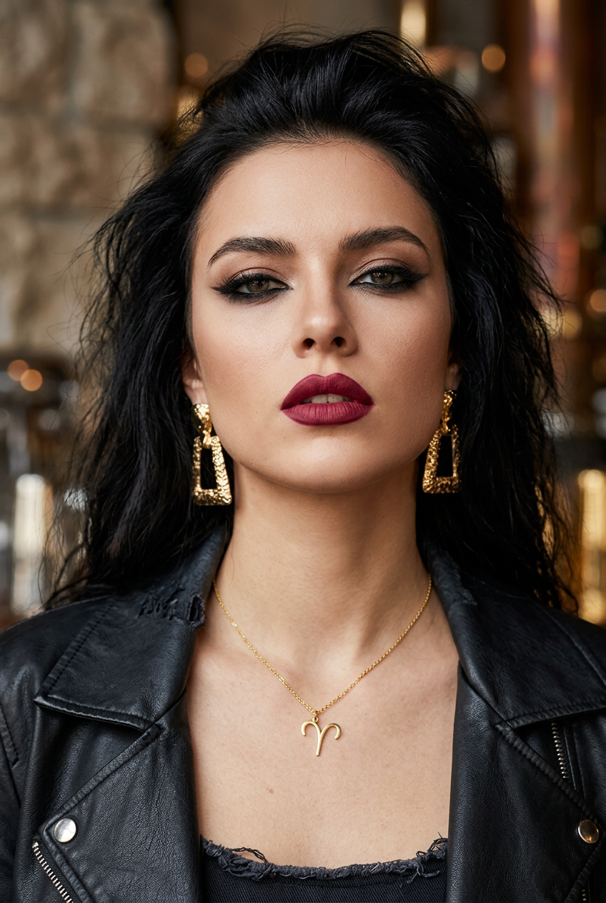 Model wearing a gold zodiac name necklace of the ram, and a black leather jacket.