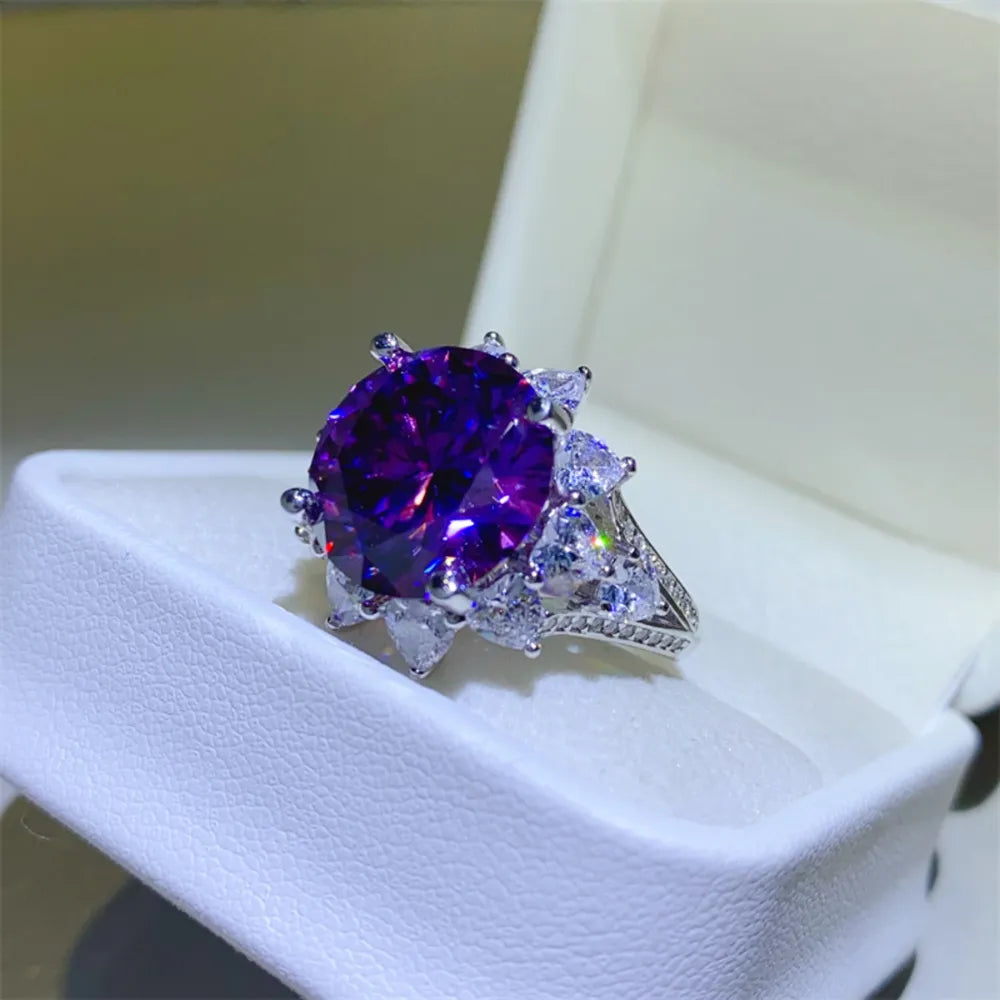 Purple Moissanite 925 Sterling Ring Silver Flower Luxury Ring in White display box | Rebellious Gal Jewelry