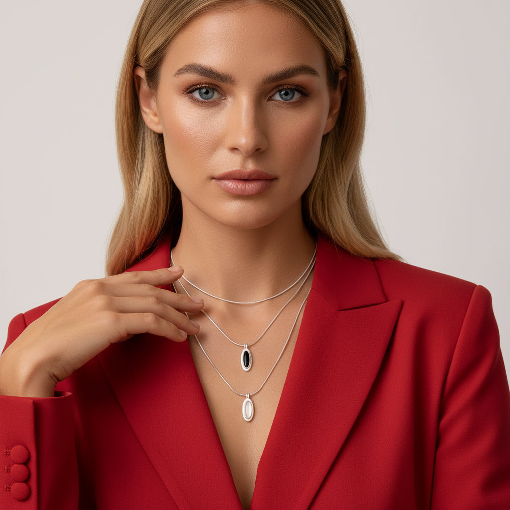model inspiration Full outfit inspiration: Rebellious Gal geometric pendant necklace paired with suit jacket and bold rings
