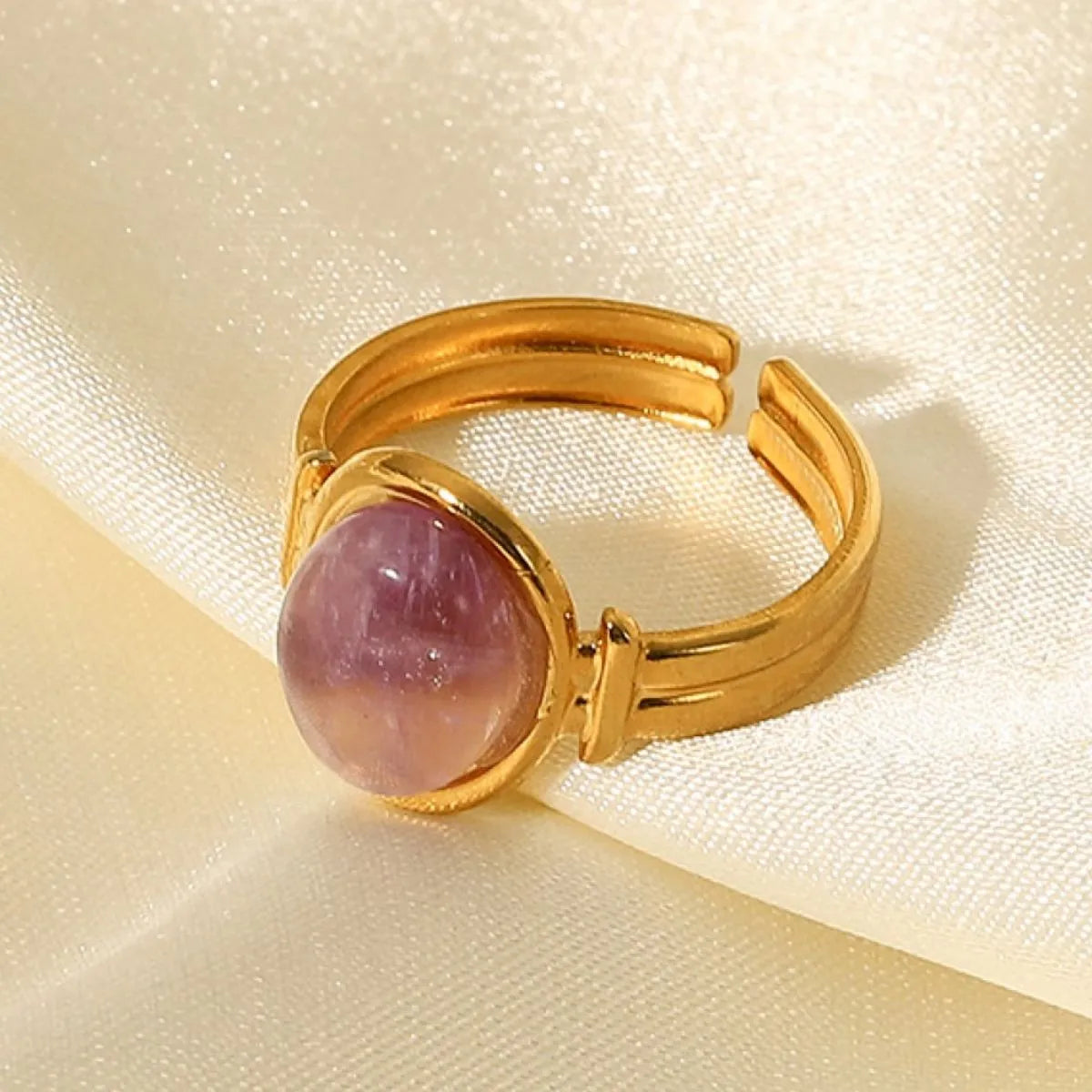Open adjustable ring with tiger's eye stone stainless steel gold finish