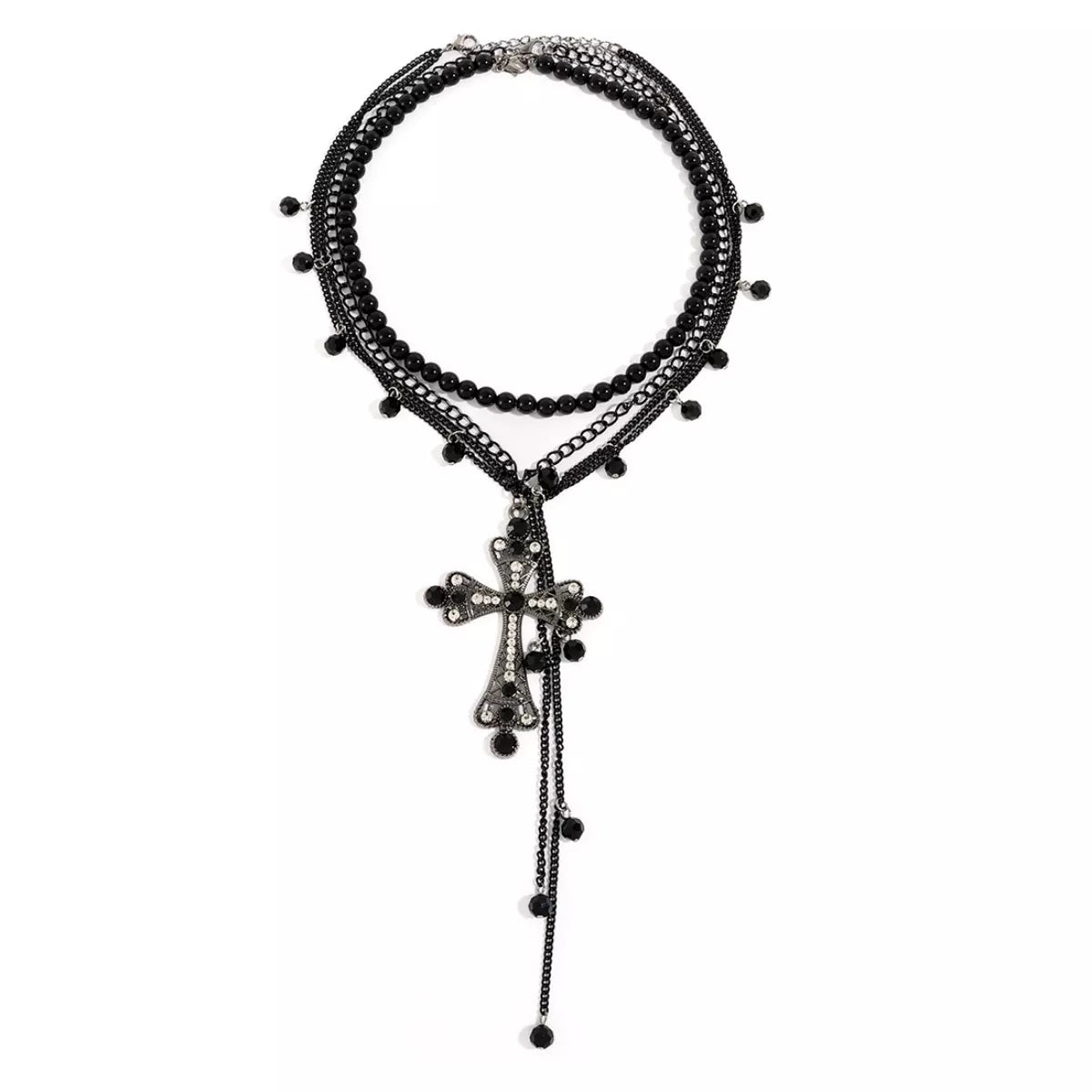 Black beaded necklace with cross pendant on a white background