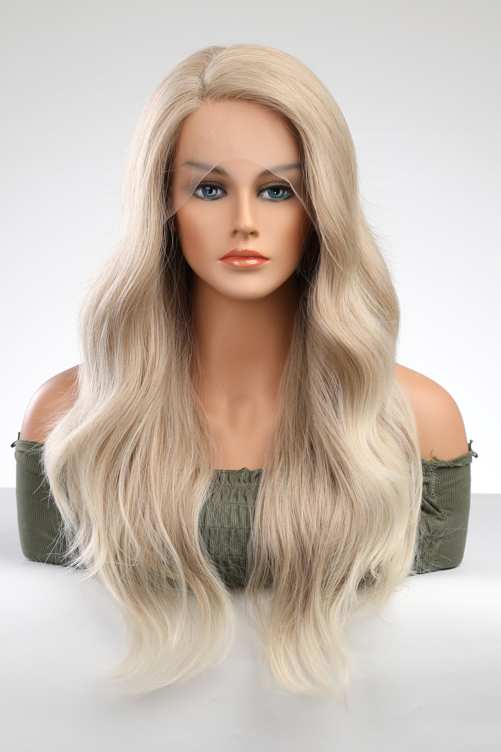 Front view of 25" long wavy synthetic wig with 13x2 lace front on mannequin