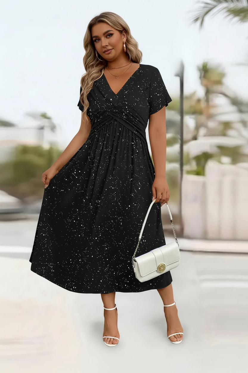 model in black sparkles dress, plus sized model in a maxi dress