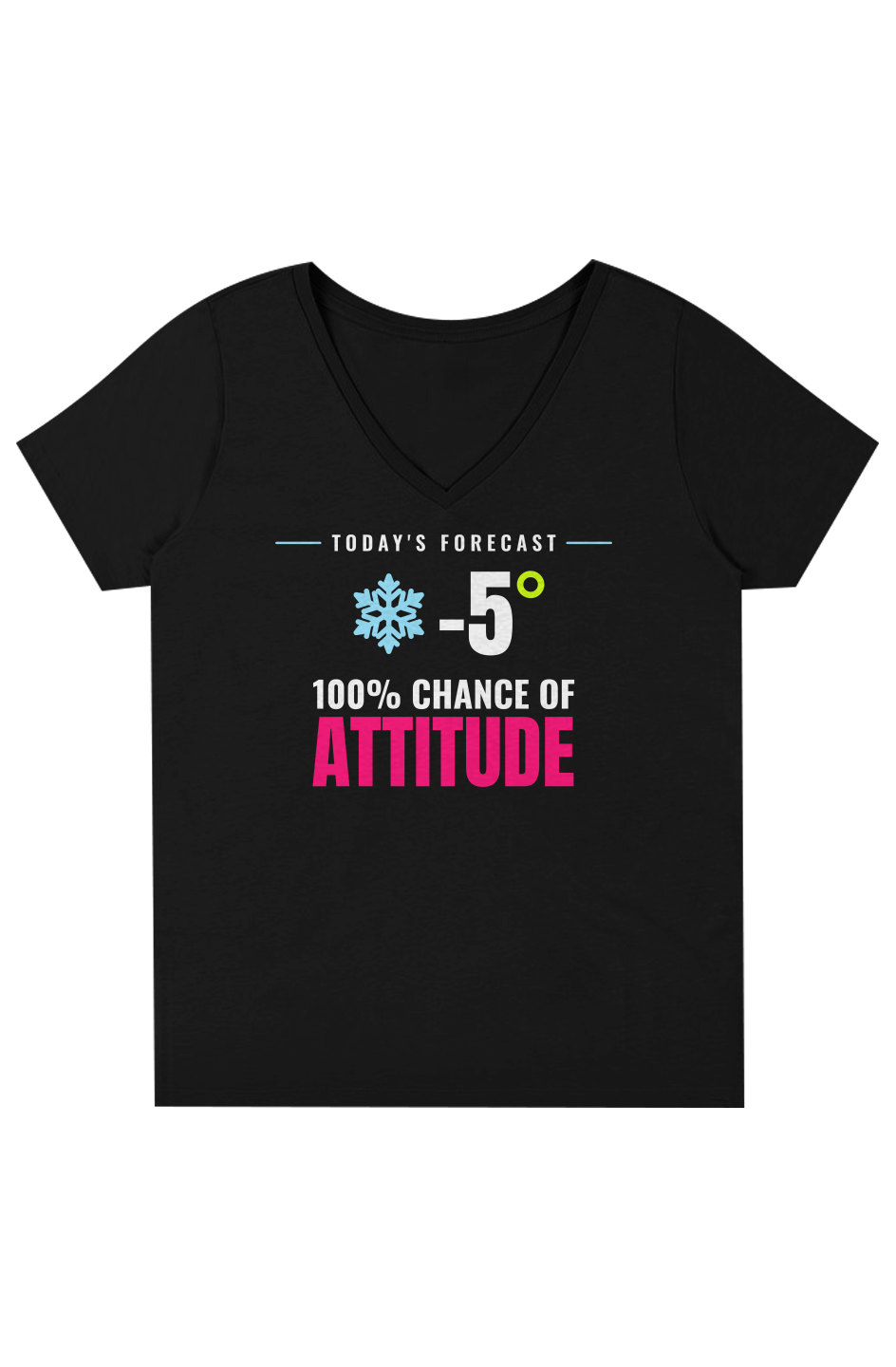 Black V-neck tee with a winter forecast graphic and 100% Chance of Attitude