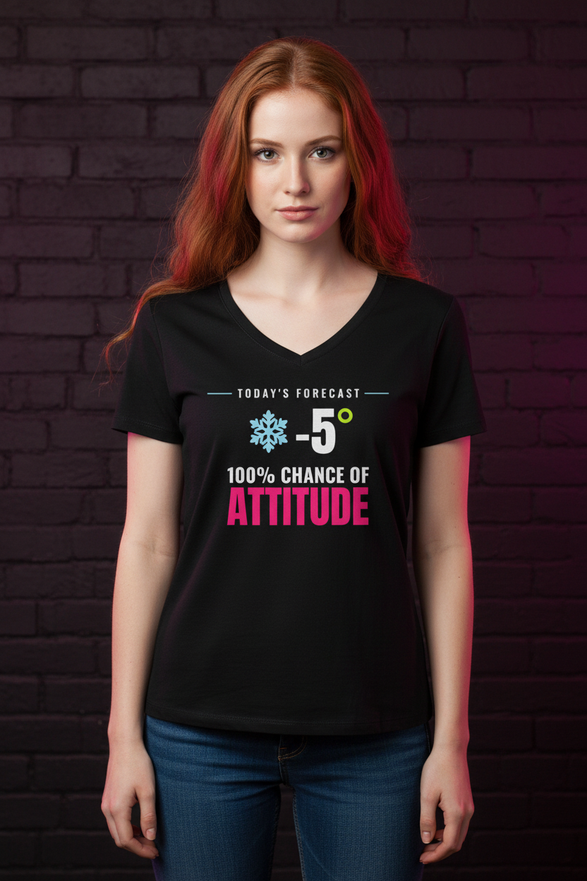 Woman with long red hair in the black 100% Chance of Attitude V-neck, brick wall