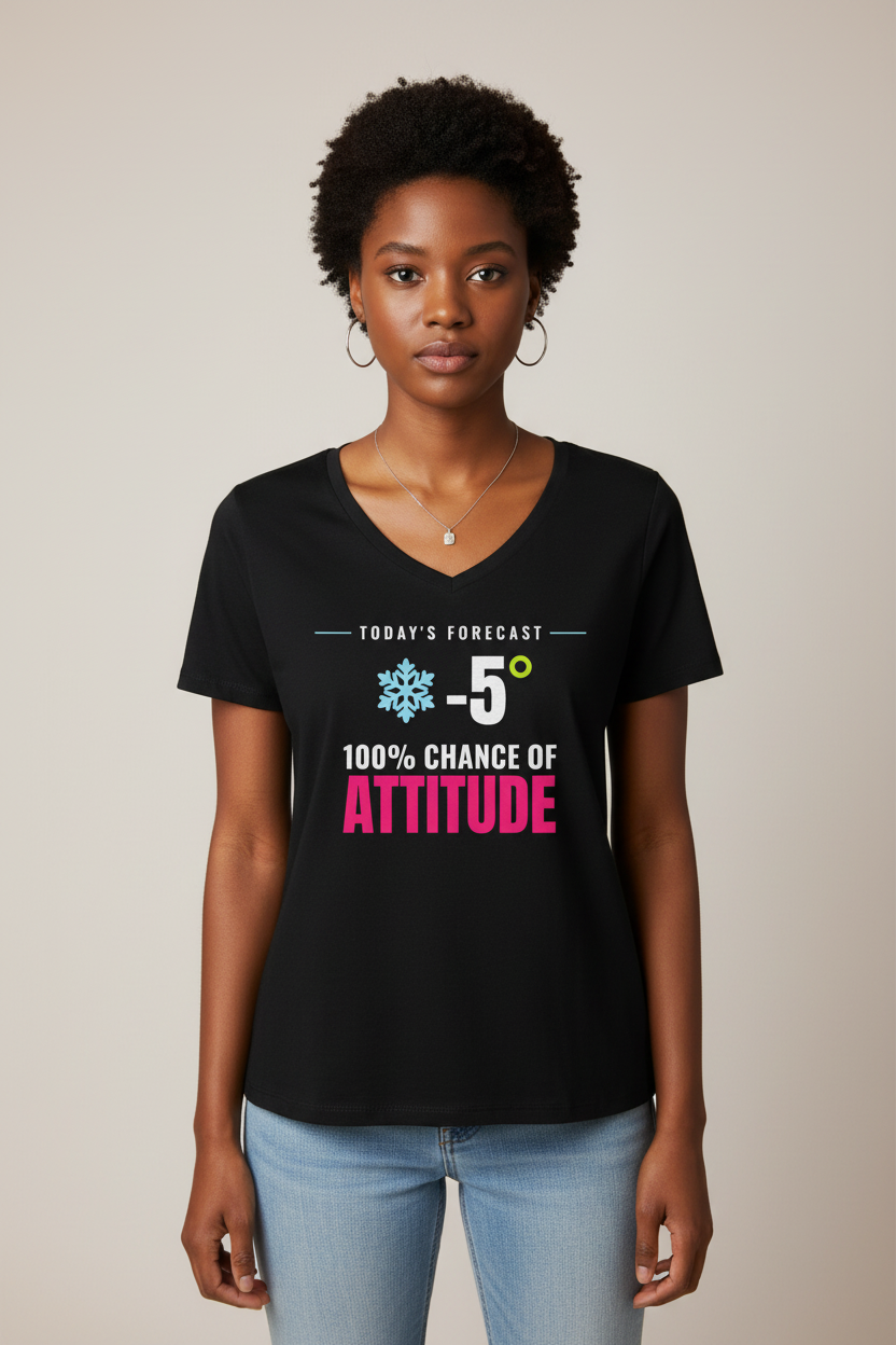 Woman with short curls and a silver pendant in the black 100% Chance of Attitude V-neck
