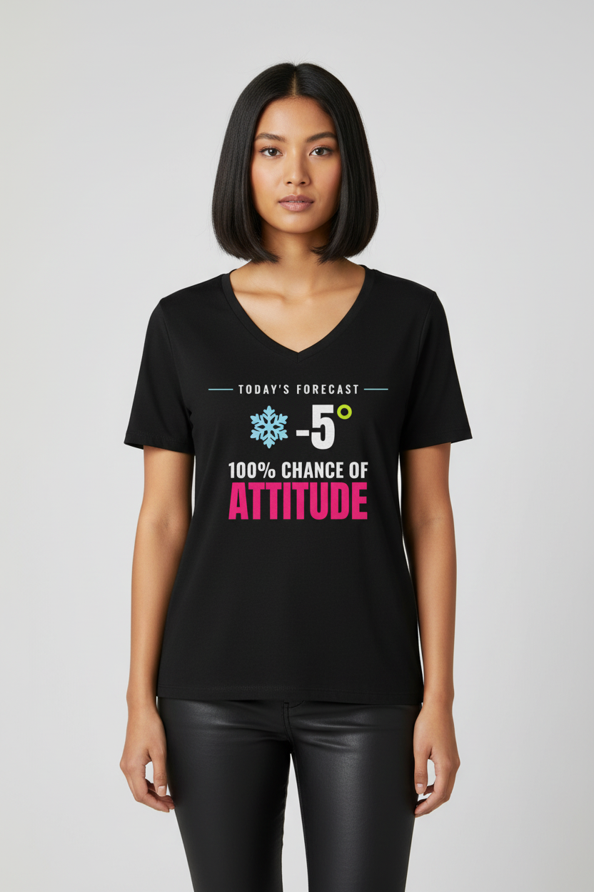 Woman with a sleek bob in the black 100% Chance of Attitude V-neck, studio backdrop