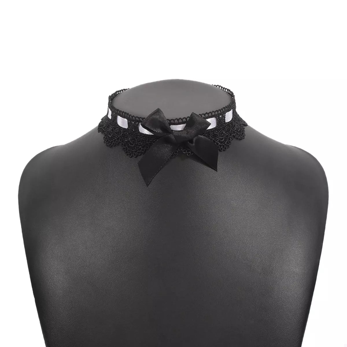 Lace Black Bow Tie - Black and White Choker Necklace Manequin - Rebellious Gal