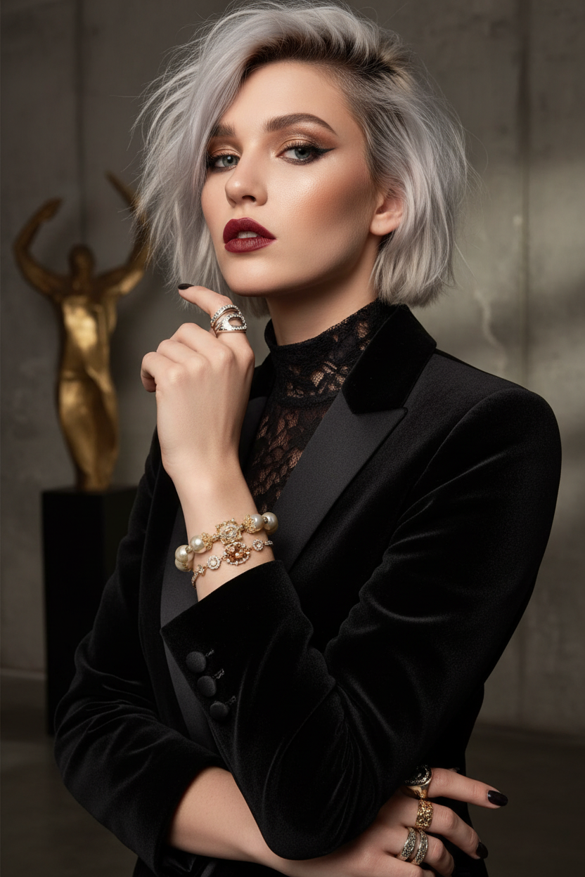 Woman in a black outfit with jewelry, pointing to her lips against a neutral background