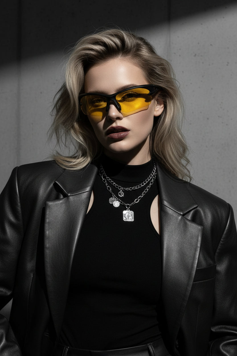 Sunglasses with yellow lenses and black frames on blonde model