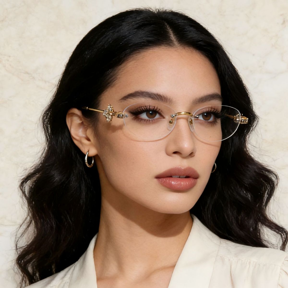 Rebellious Gal lightweight rimless glasses front view on white background