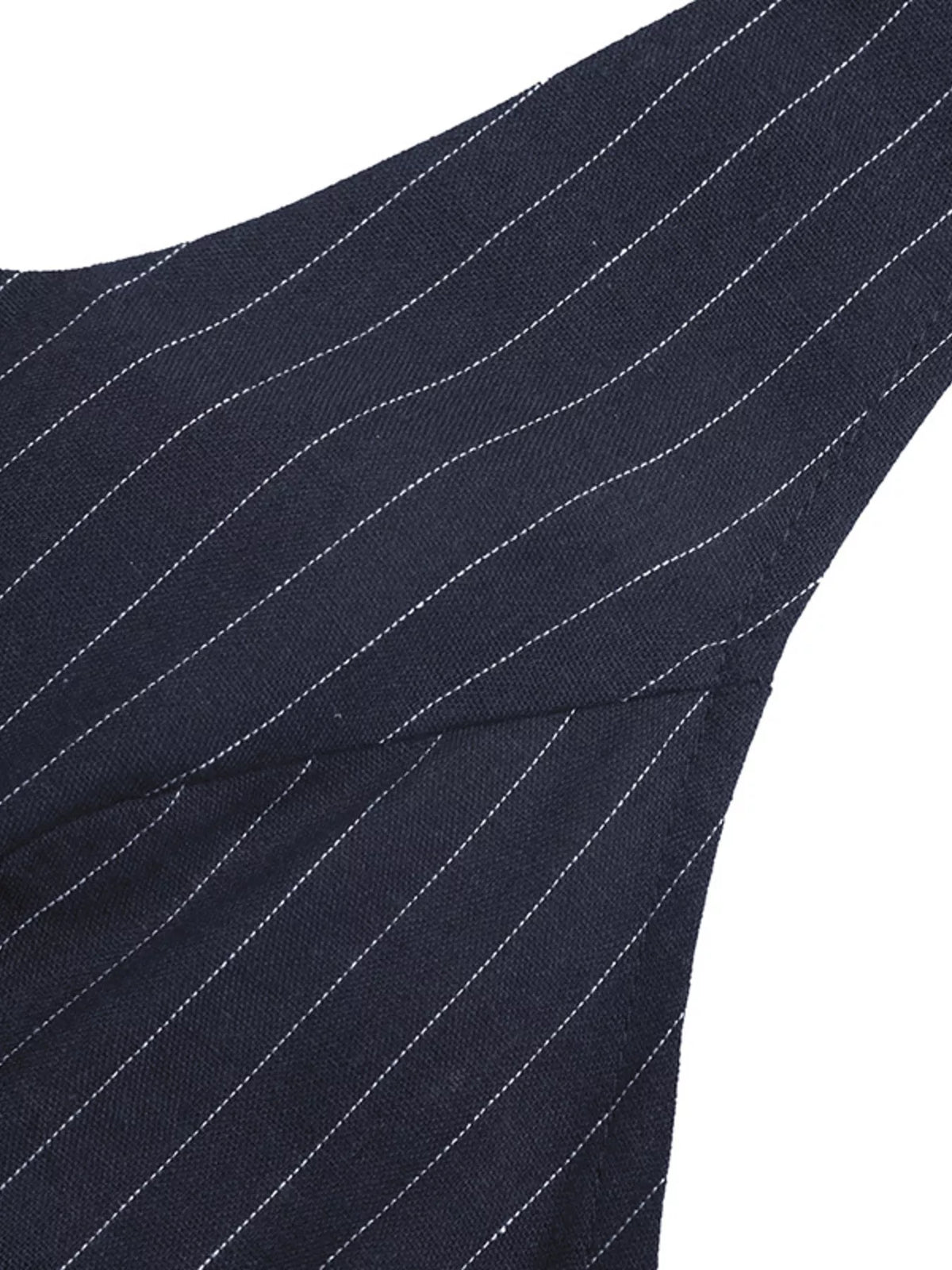 Navy blue fabric with white pinstripes on a white background