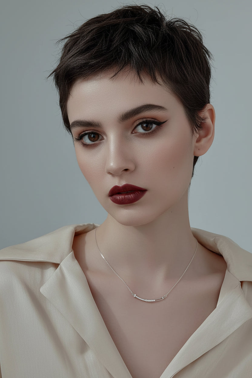 Silver necklace on a model with a soft pink blouse