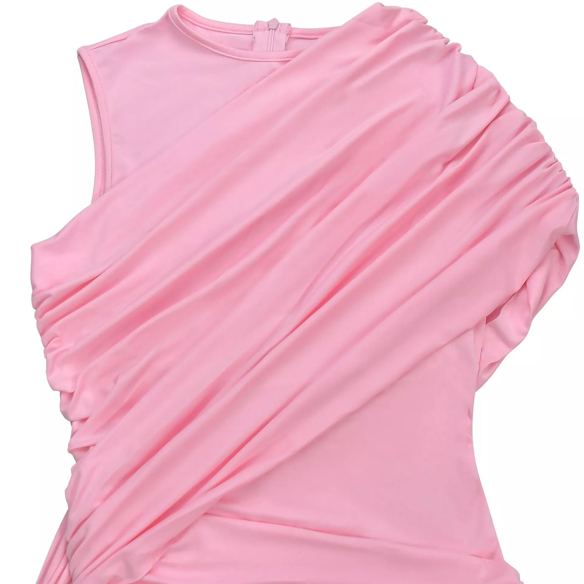 Pink sleeveless top with draped design on a white background