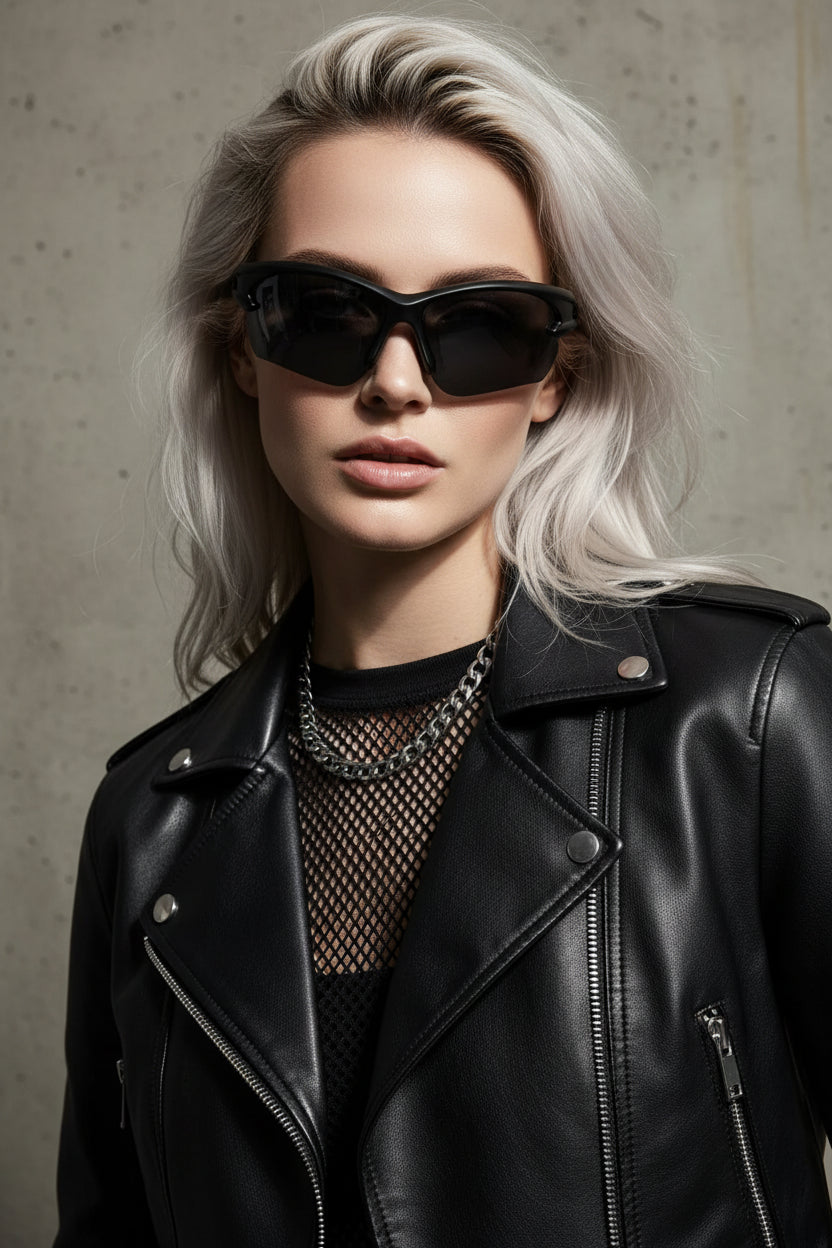 Black sunglasses on a white cushion with a neutral background on blonde model