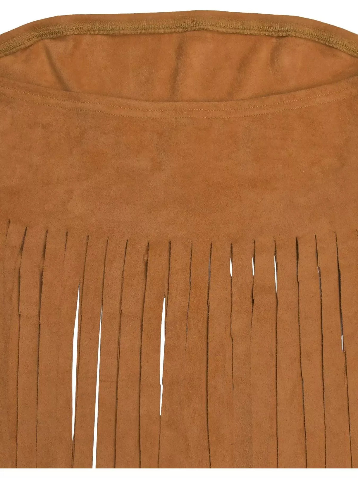 Brown suede bag with fringe details on a white background