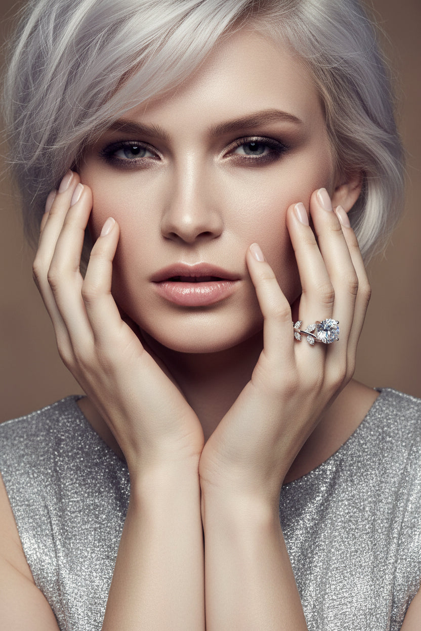 Silver ring with a heart-shaped gemstone on a model finger