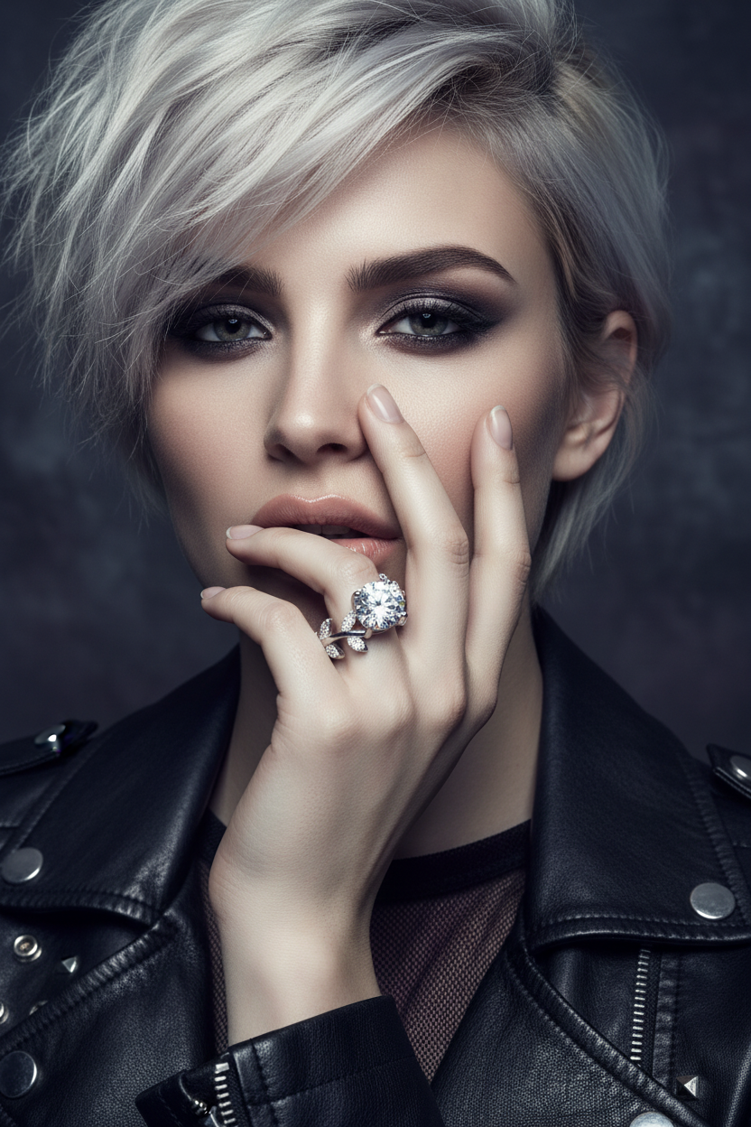 Woman with stylish haircut and makeup, wearing a black leather jacket and a ring with a diamond.