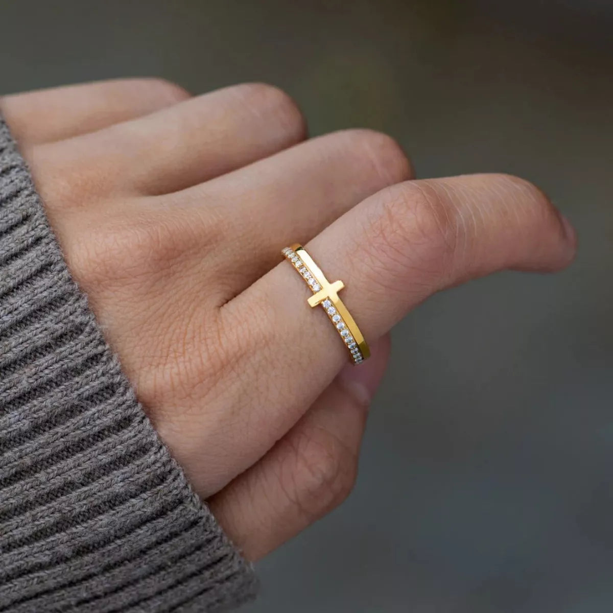 Cross Diamante Ring - Gold Finish Ring Finger Shot