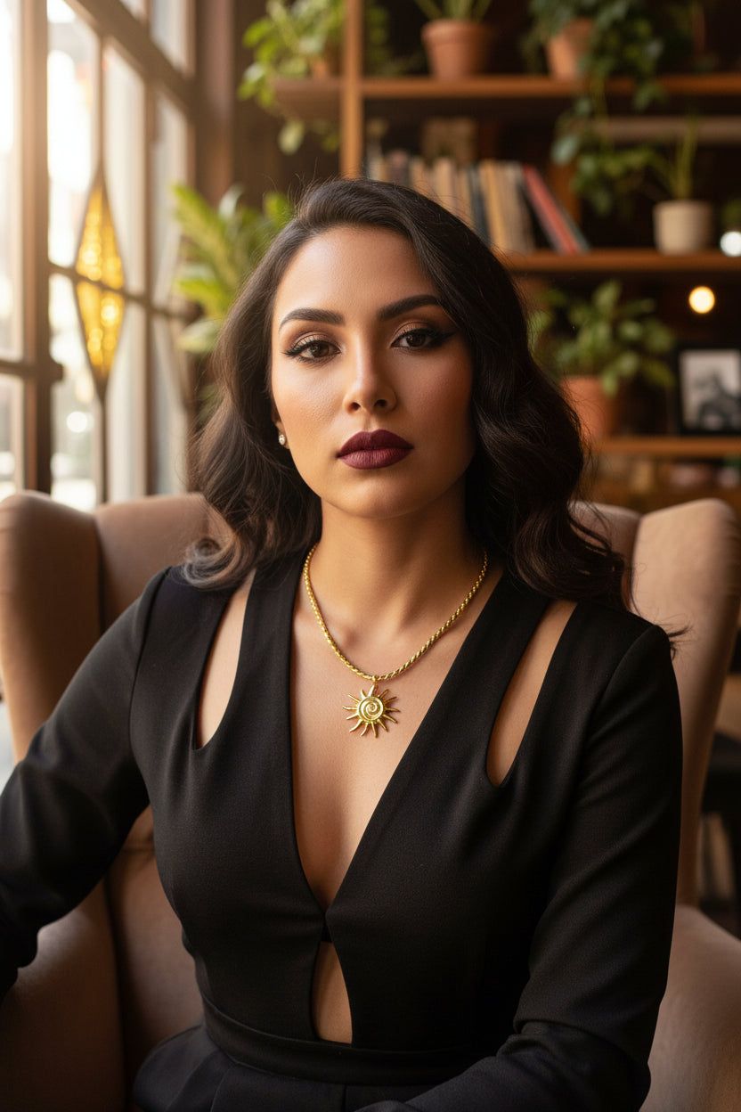 Gold necklace with a sun pendant on a latino model