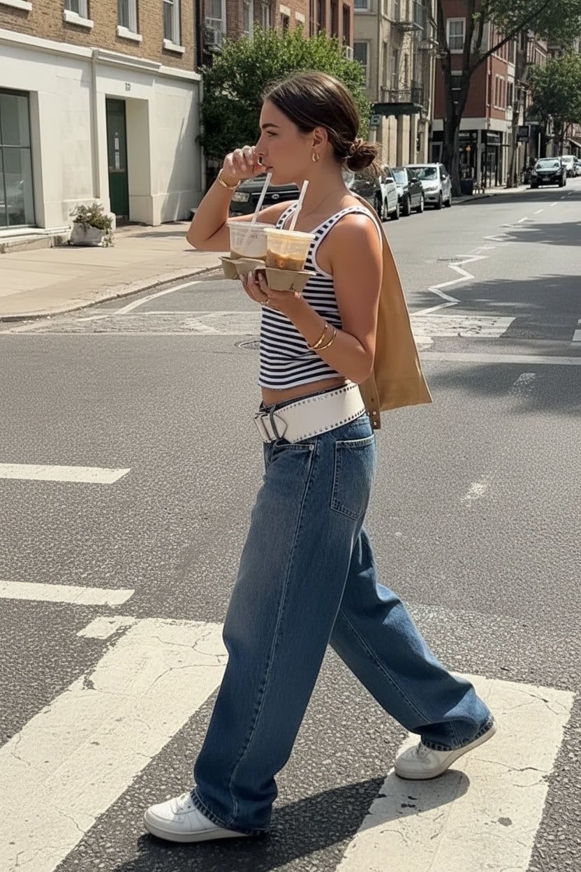 Person wearing a striped tank top and jeans, holding a drink on a street.