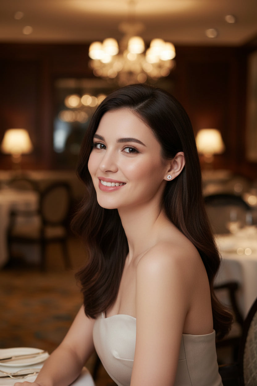 Model wearing Rebellious Gal crown circle stud earrings with rebellious layered ear stack
