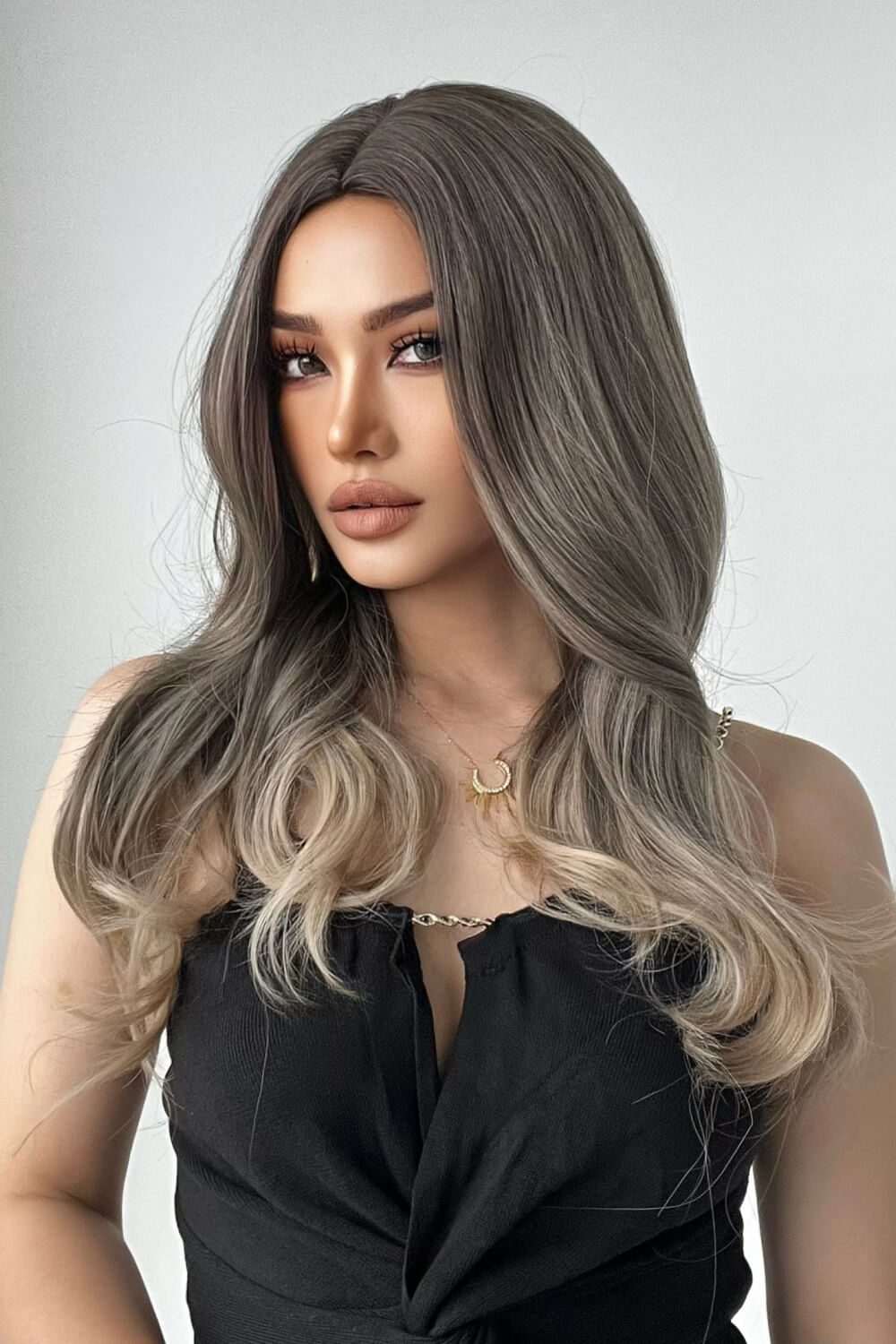 Full length view of 24" straight synthetic wig on model showing volume and flow