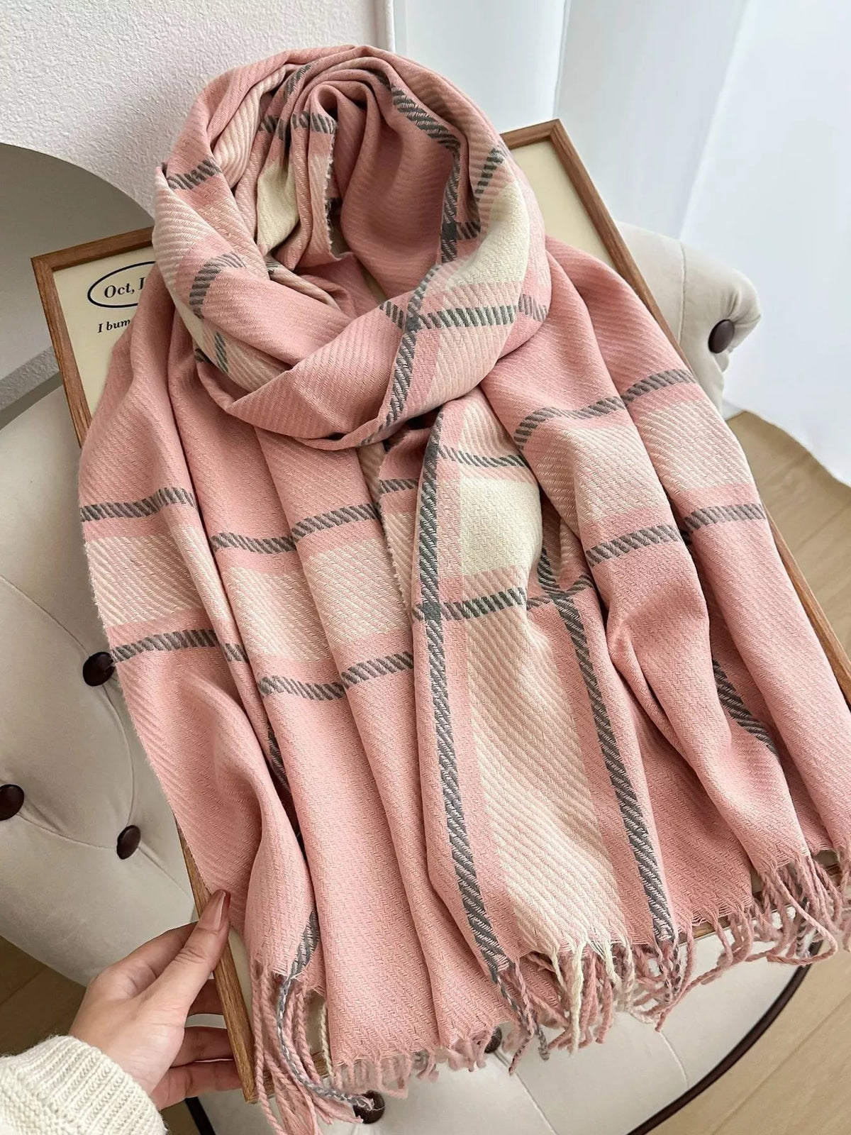 Rebellious Gal classic plaid tassel winter scarf flat lay on white background