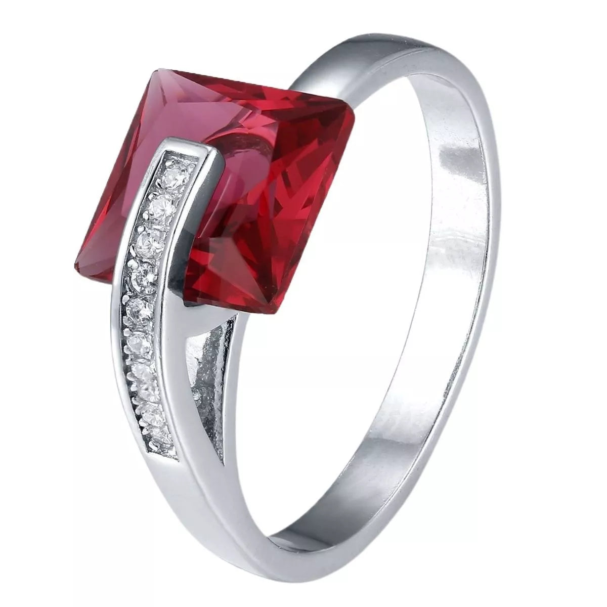 Close-up square ring with sparkling zircon stones platinum plated Rebellious Gal detail shot