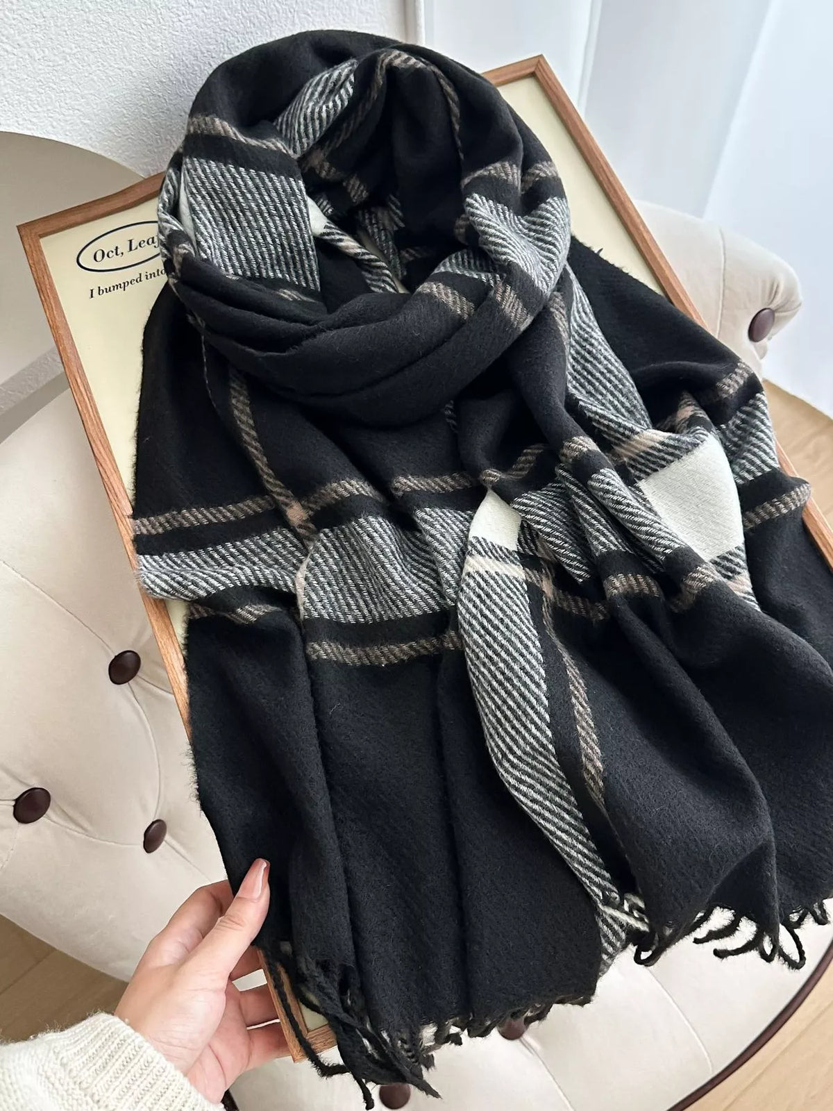 Model wearing Rebellious Gal plaid tassel winter scarf with rebellious layered outfit