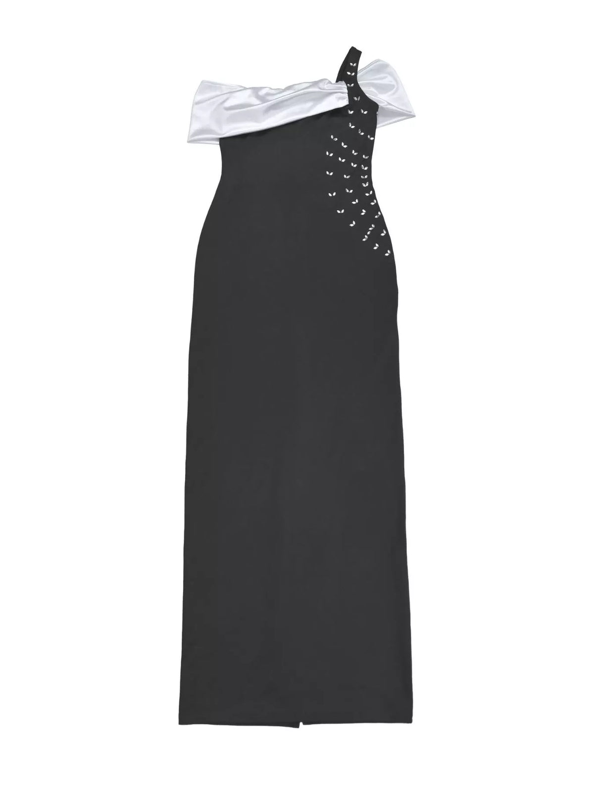 A black one-shoulder midi dress with a contrasting white draped shoulder panel and silver rhinestone embellishments along the neckline, shown against a plain white background.