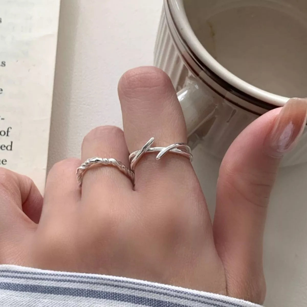 Lifestyle image: Rebellious Gal sterling silver open ring styled with edgy casual outfit
