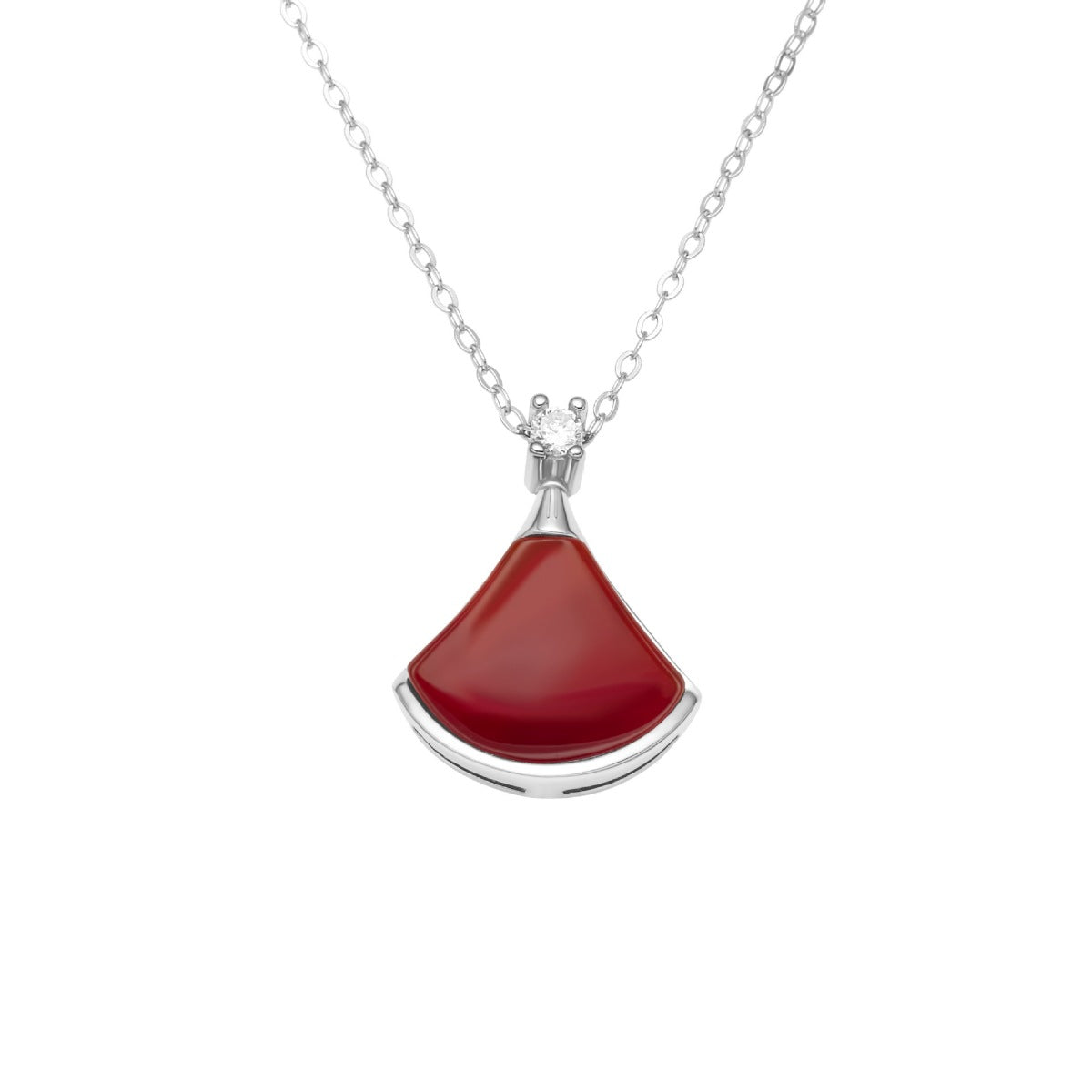 Rebellious Gal fan-shaped red agate pendant necklace front view on white background