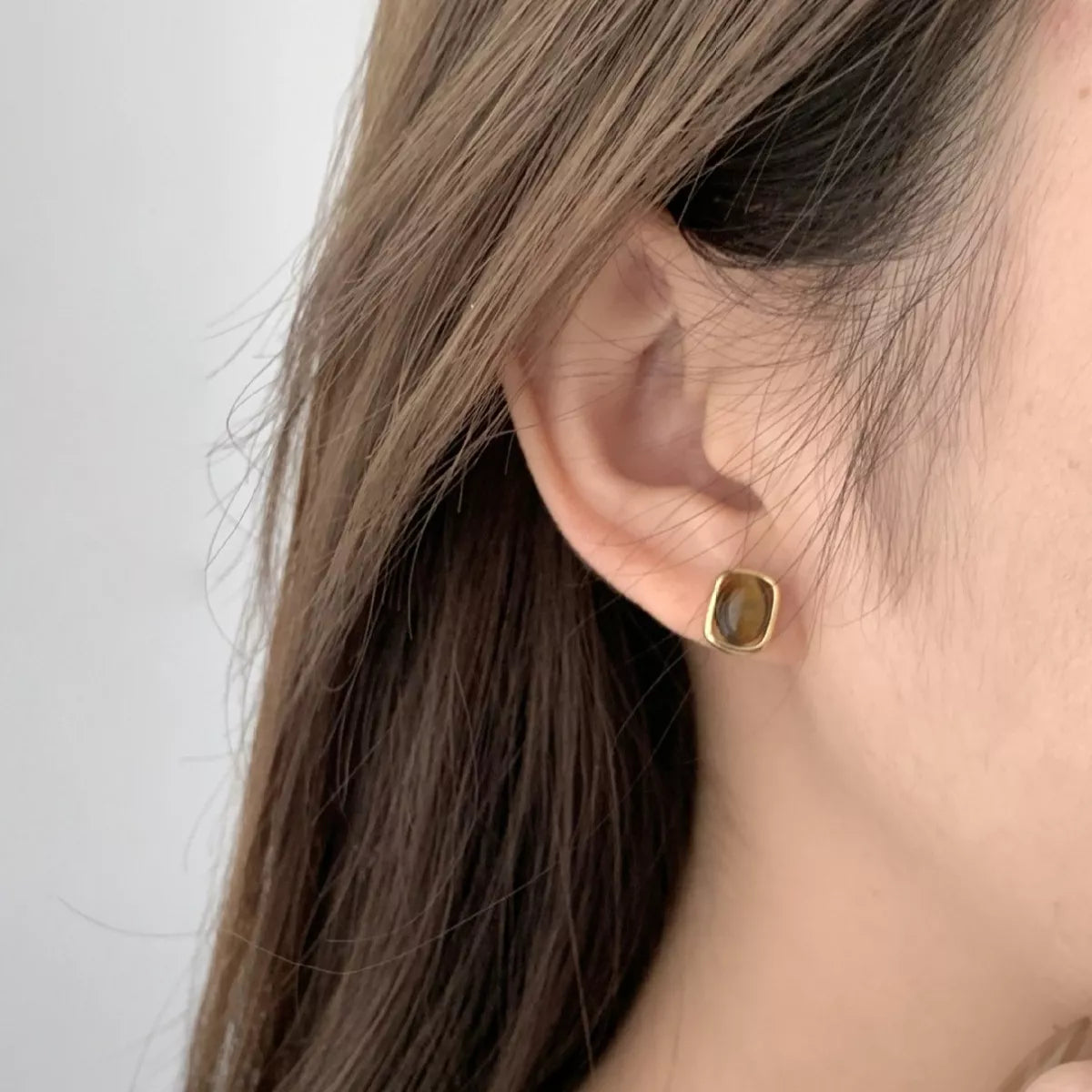 Square tiger eye earrings 18K gold plated 925 silver side view highlighting gemstone bands