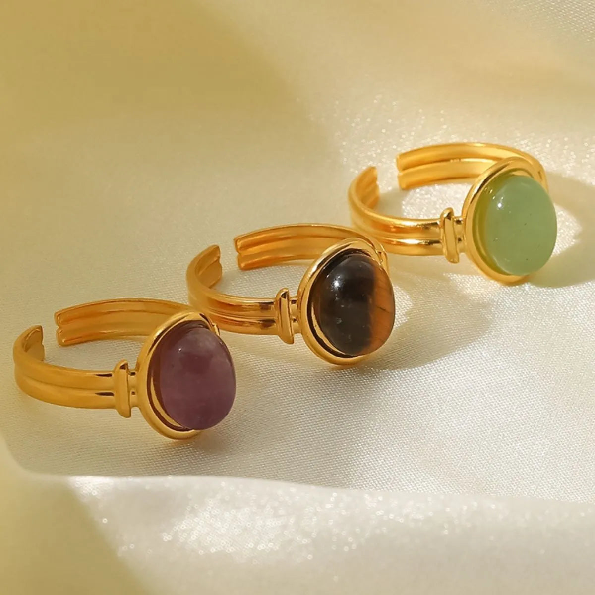 Vintage tiger's eye adjustable ring 18K gold plated stainless steel on flat display