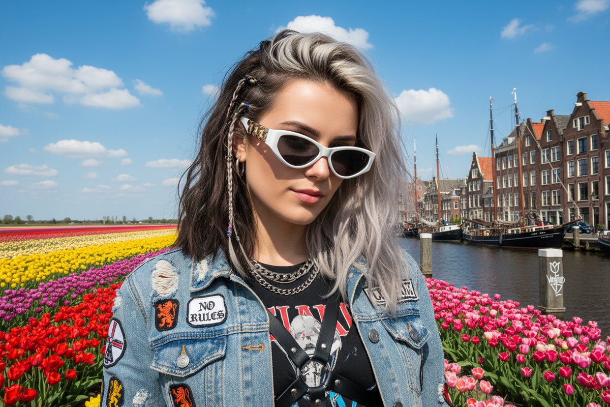 rebellious dutch girl wearing cat eye glasses white color