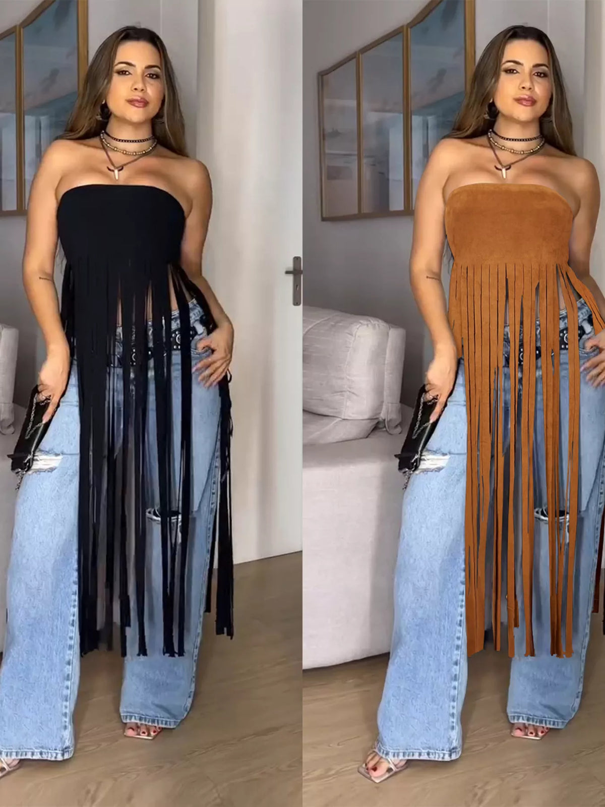 Two images of a woman wearing strapless fringe dresses with wide-leg jeans in different colors.
