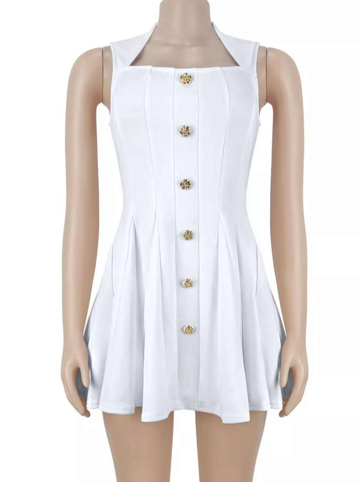 A white sleeveless mini dress with a square neckline, front button closure, and flared skirt, displayed on a mannequin against a plain white background.