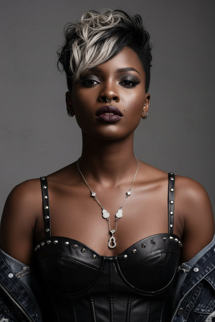 Silver necklace with heart-shaped links on a light gray background
