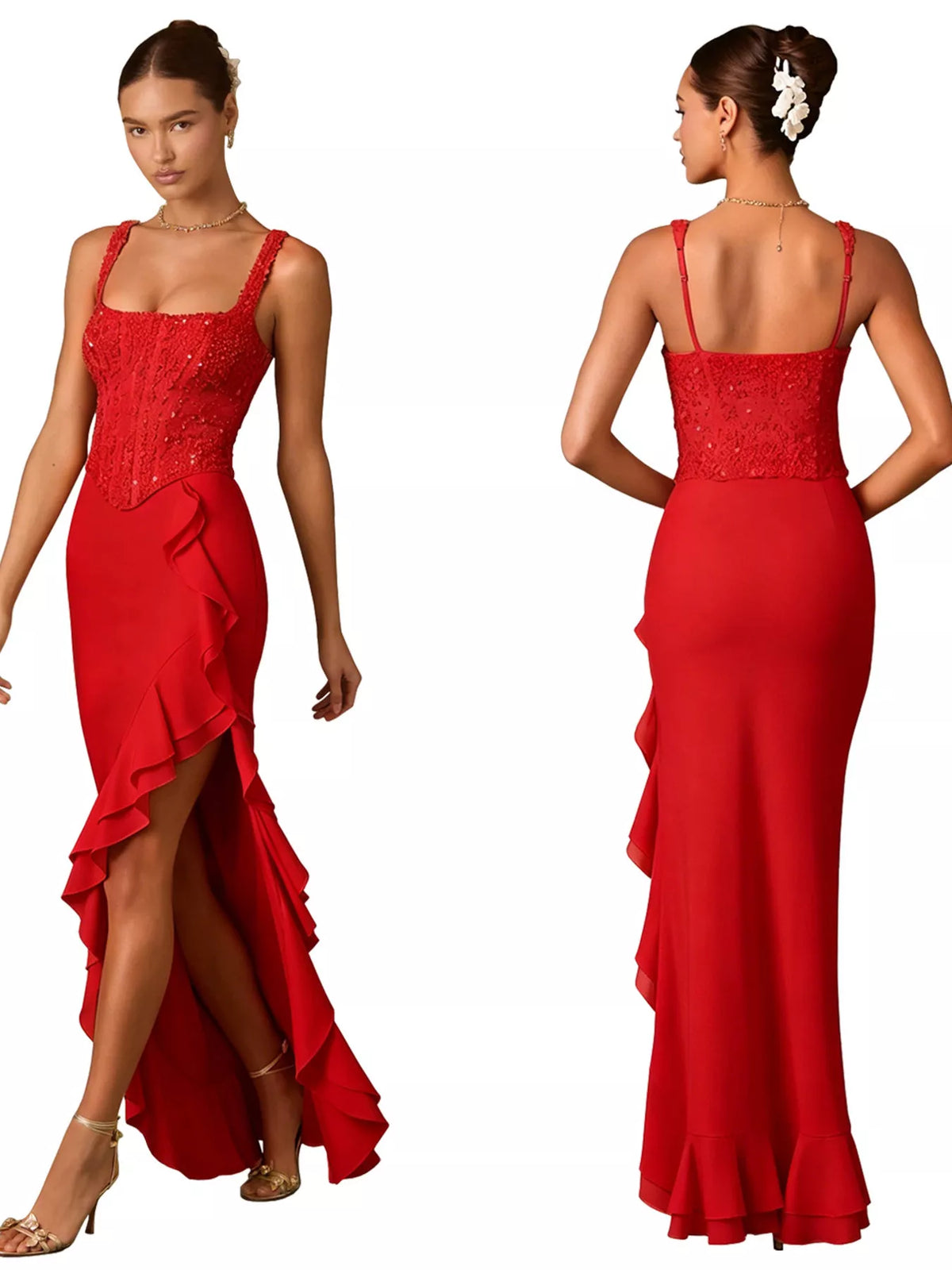 Red evening gown with beaded detailing on a white background
