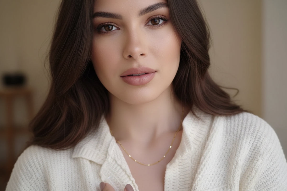 Gold necklace on a model with a white textured garment