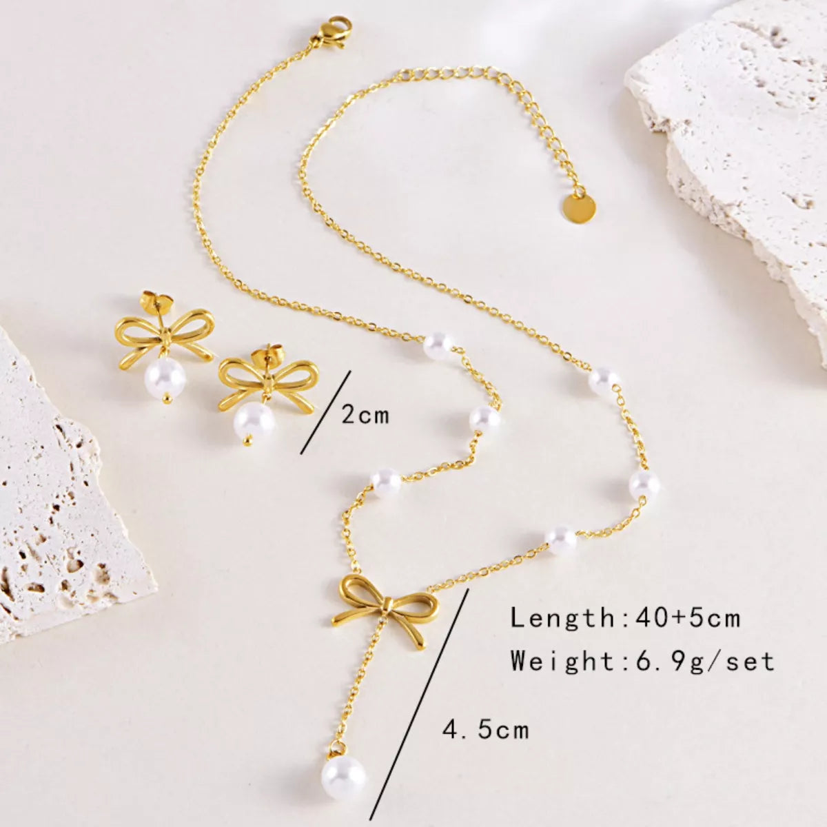 Gold Plated Bowknot Earring and Necklace Set Dimensions and Measurement - Rebellious Gal