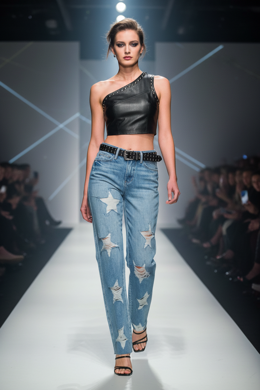 Model wearing a black one-shoulder top and star-patterned jeans on a runway.