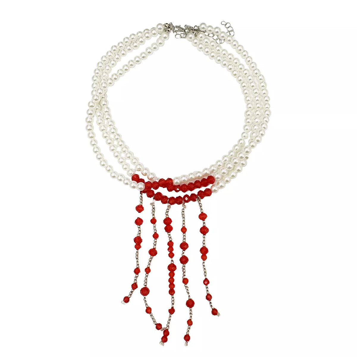 White pearl choker with red bead strands and beaded fringe, flat lay on white