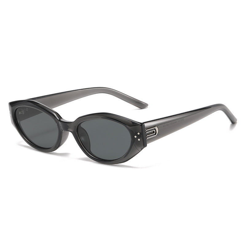 Side profile of cat-eye sunglasses with hybrid temples
