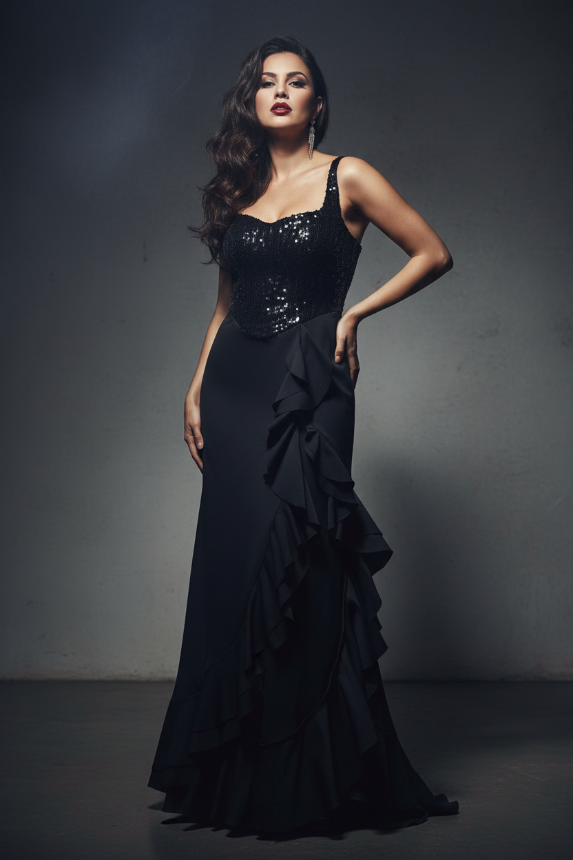 Woman wearing a black evening gown with sequin detailing against a dark background