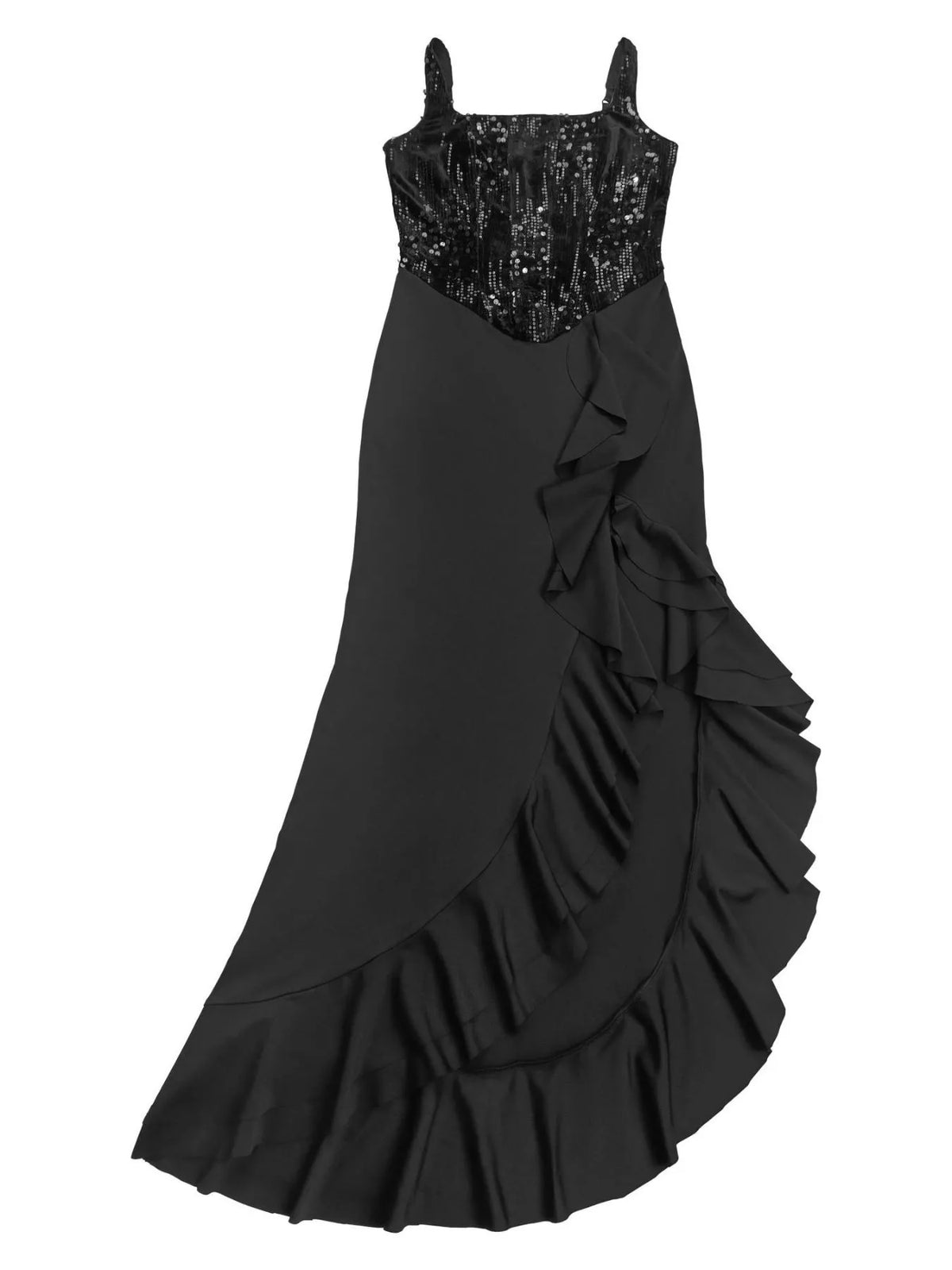 Black evening gown with sequined top on a white background