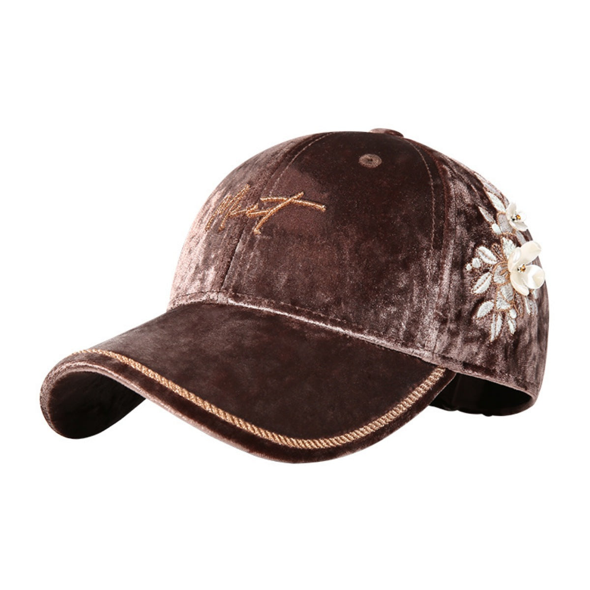 Side profile of soft imported velvet floral baseball cap showing dimensional flowers