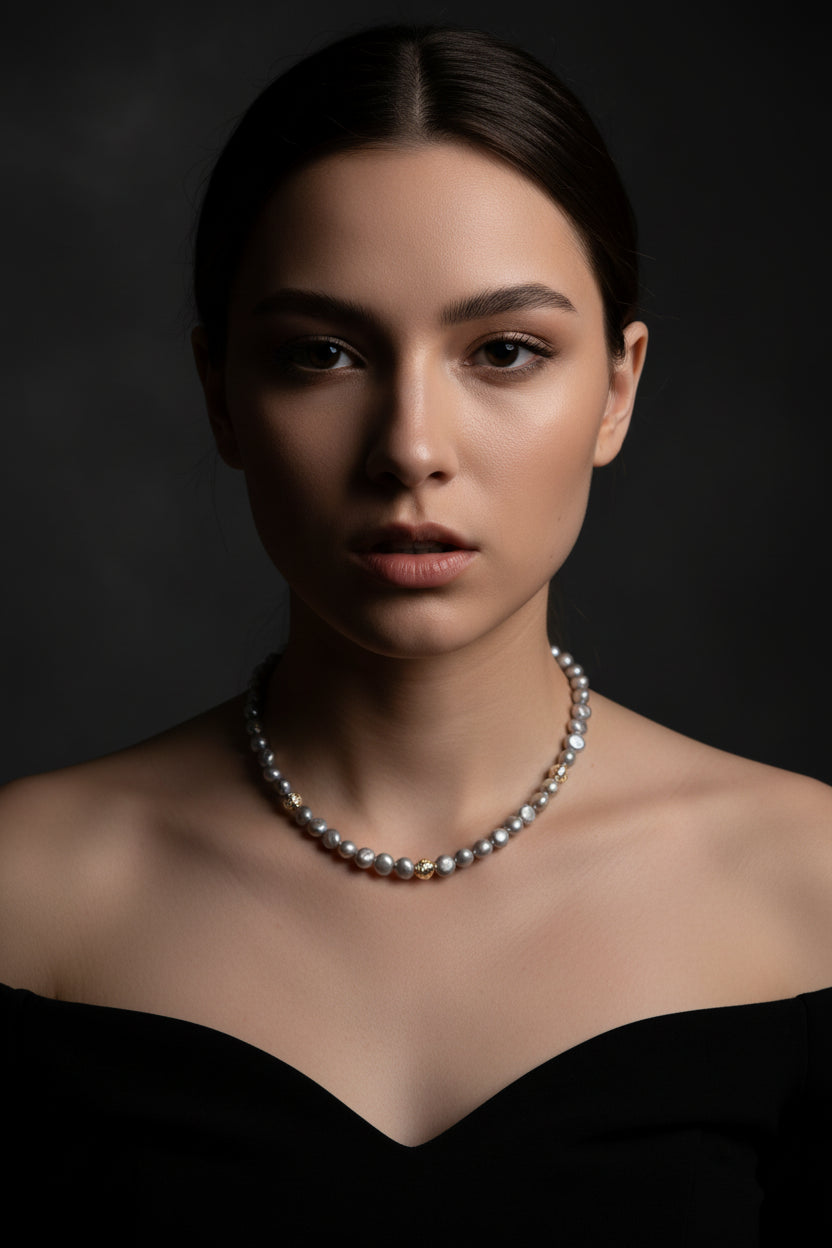 Pearl necklace being worn on a person's neck with a neutral background