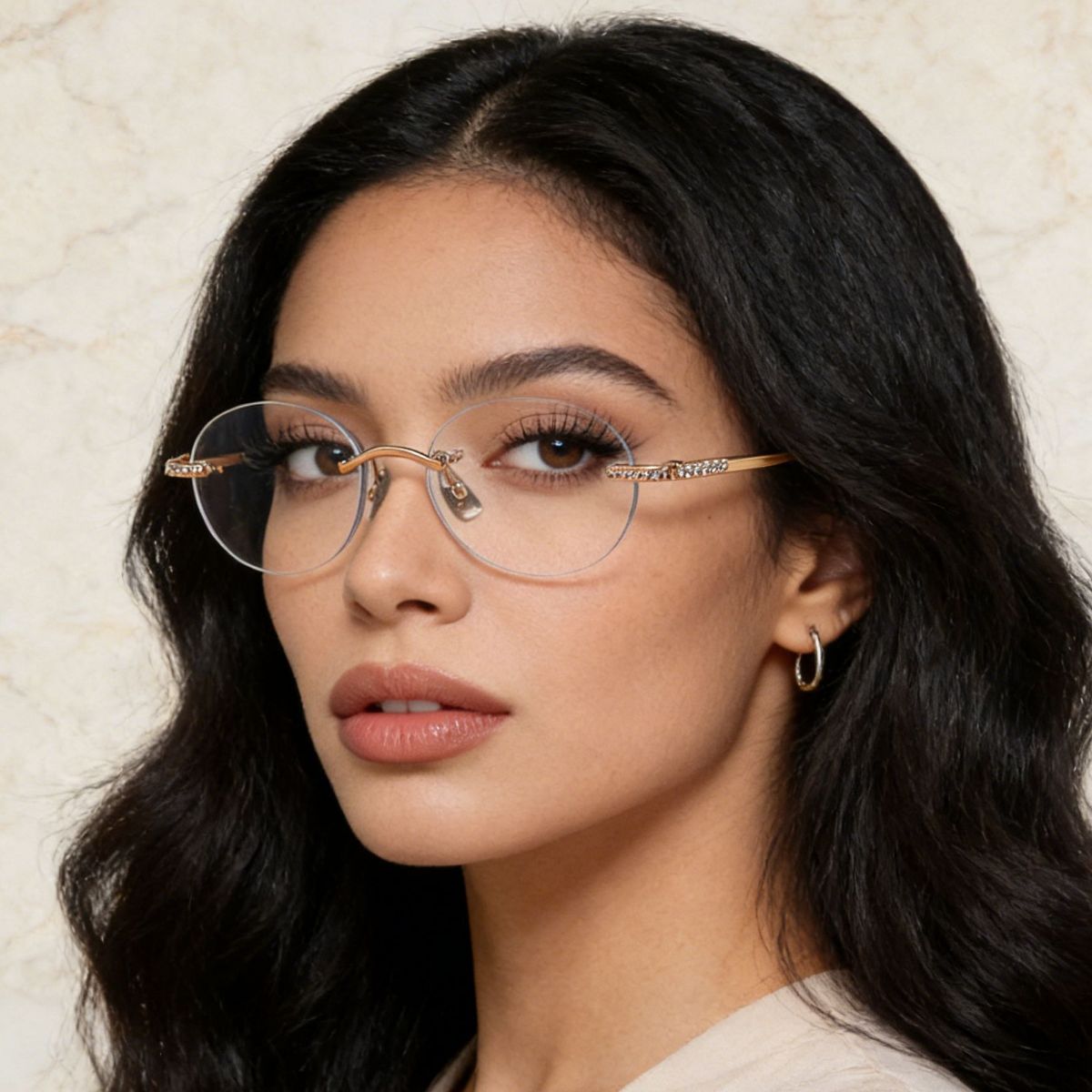 Side profile of ultra-lightweight rimless glasses showing thin metal temples